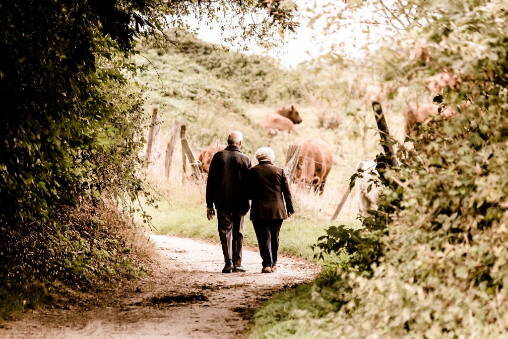 Couple de senior marchant dans la campagne